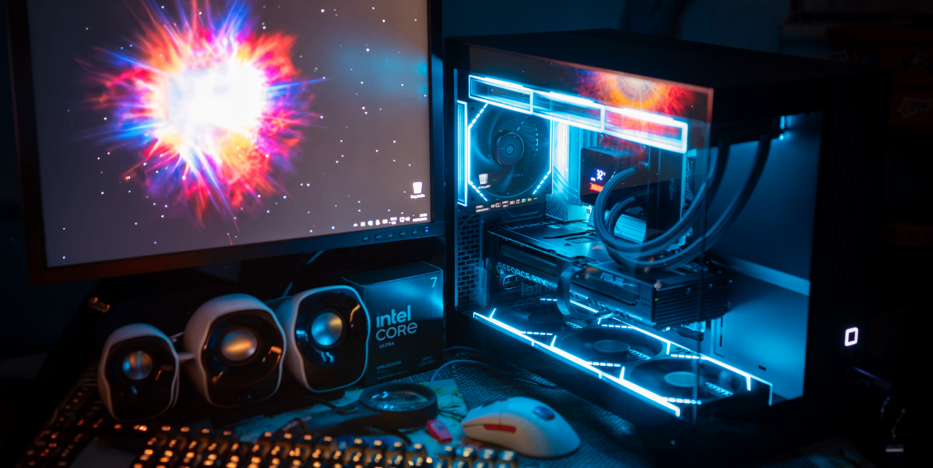 Technician installing RAM inside a PC with warm ember lighting